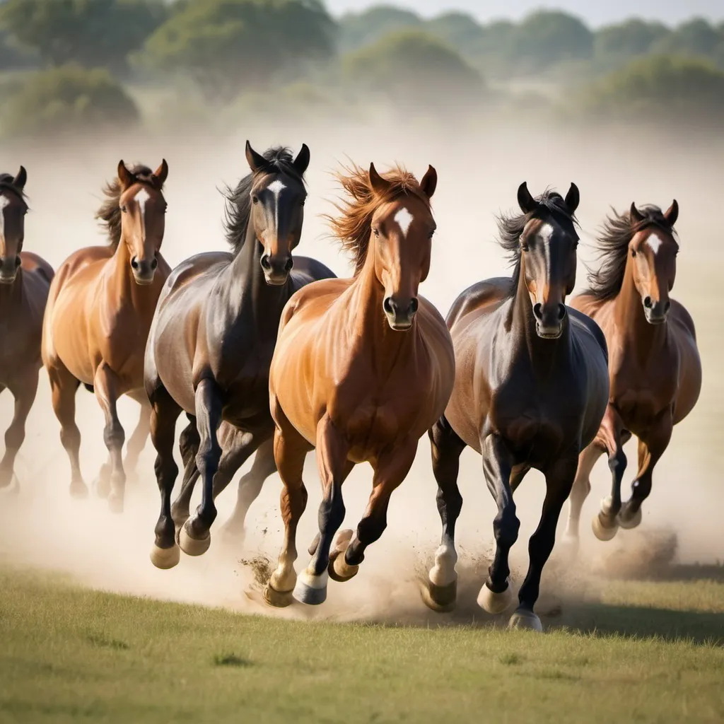 Prompt: A herd of horses galloping across an open field. This image would be a great way to showcase the strength and elegance of horses. It would also be a good way to create a sense of freedom and endless possibilities.