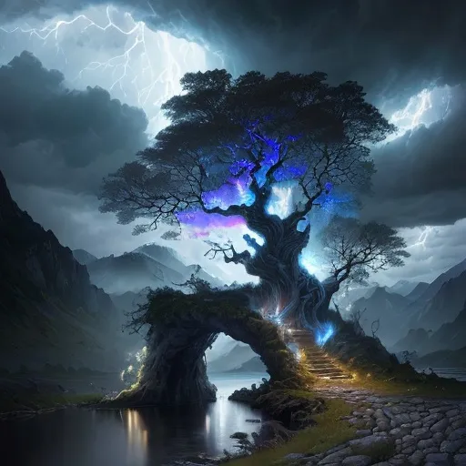 Prompt: Natural portal, Epic cinematic breathtaking intricate insanely detailed painting of dramatic storm clouds, dark night and bright moonlight glow on an aesthetic remarkable old white oak tree, river, winding path, mountains, by tomasz allen kopera, dariusz zawadzki, andreja peklar, ivan shiskin, beautiful, colorful, cosmic, ultra detailed, ultra realistic, a masterpiece, polished, crisp quality - no frame