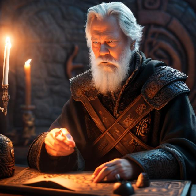 Prompt: Odin sitting with his eye in his hand, while studying the runestones. ultra hd