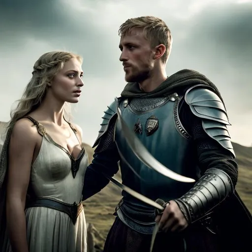 Prompt: King Arthur and a beautiful woman, ultra hd