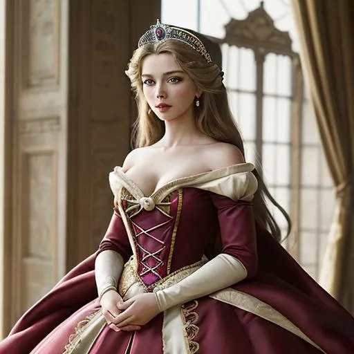 Prompt: portrays beautiful women as historical princesses in sumptuous costumes and settings.