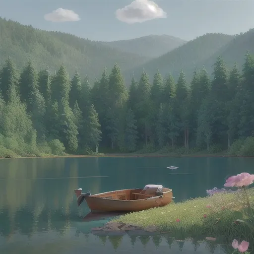 Prompt: a small boat lies on a beautiful lake surrounded by forest and flower meadows