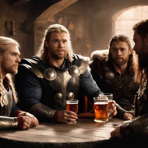 Prompt: Thor drinking mead with his friends in Valhalla. ultra hd