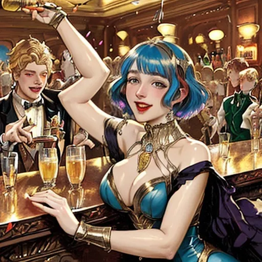 Prompt:  "MAXIMALIST high detail by (Rebecca Guay-painting) and by (JC Leyendecker-painting) realism, BEAUTIFUL happy laughing 1920s jazz dancers IN A BAR, popping champagne bottle, multi colored confetti falling and swirling, NEW YEARS EVE PARTY. 