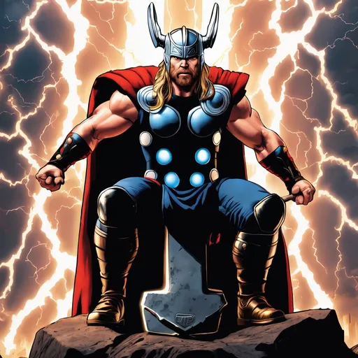 Prompt: Thor sitting on his hammer Mjolnir, while hurling lightning bolts at his enemies. ultra hd