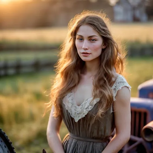 Prompt: In the soft glow of the morning light, a strikingly beautiful woman stands beside a sturdy tractor, a vision of timeless elegance against the backdrop of the rustic farm landscape. Her features are a portrait of natural allure, framed by waves of chestnut hair that catch the sunlight and cascade gracefully over her shoulders.

Her eyes, a reflection of the clear sky above, harbor a depth that hints at both resilience and kindness. Dressed in practical yet tasteful attire, she embodies a perfect fusion of strength and femininity, with every contour of her silhouette harmonizing with the agricultural setting.

The gentle breeze plays with loose strands of hair as she stands confidently, a testament to her connection with the land. The rustic colors of the tractor and the earthy tones of the farm form a complementary palette to her natural beauty. There's a quiet confidence in her posture, a knowing comfort in the surroundings that speaks of familiarity with the rhythm of farm life.

The sunlight accentuates the subtle details of her features—the hint of a smile, the warmth in her eyes, and the dusting of freckles that adds character to her sun-kissed skin. As she stands beside the tractor, she becomes a living ode to the timeless bond between humanity and the land, embodying both grace and the hardworking spirit of the countryside.