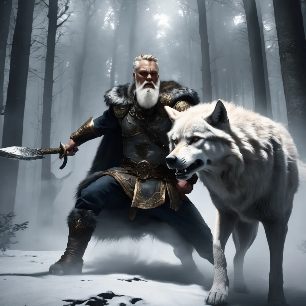 Prompt: Odin fights a great wolf. ultra hd