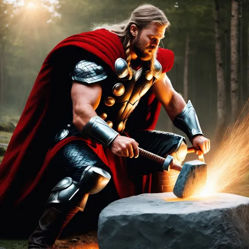 Prompt: Thor smashes a runestone with his hammer. ultra hd