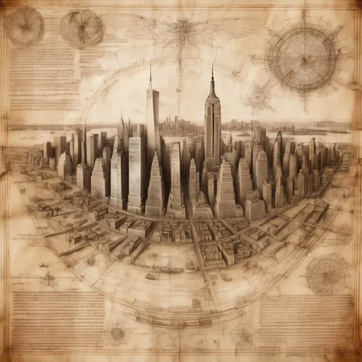 Prompt:  A Renaissance drawing by the artist Leonardo da Vinci, carefully made in the laboratory studio on parchment paper. The exciting skyline of Manhattan depicted in a wide angle view, virtuoso crafted in a schematic, model-sheet like, anatomical-mechanical, artistically intricate style