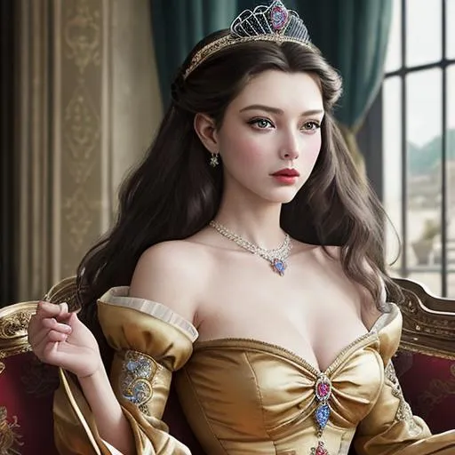 Prompt: portrays beautiful women as historical princesses in sumptuous costumes and settings.