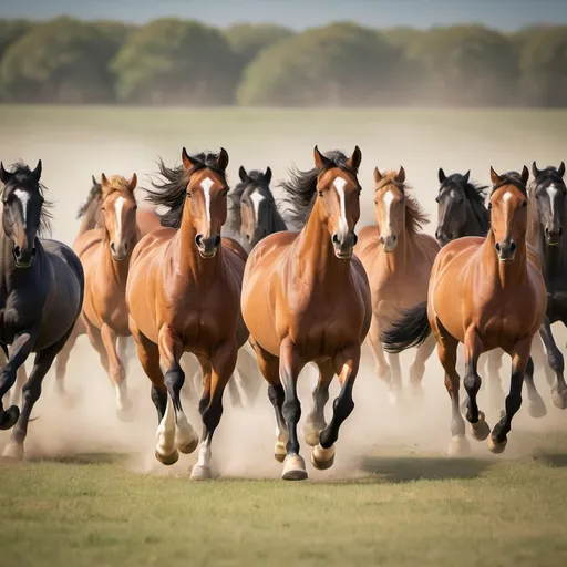 Prompt: A herd of horses galloping across an open field. This image would be a great way to showcase the strength and elegance of horses. It would also be a good way to create a sense of freedom and endless possibilities.