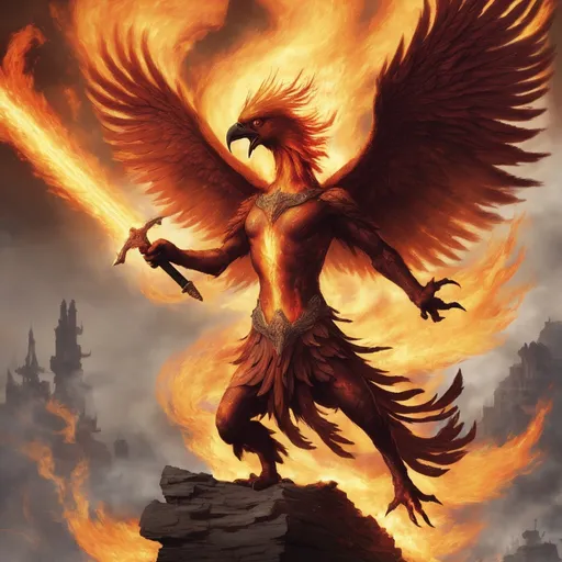 Prompt: Phoenix carrying a flaming sword