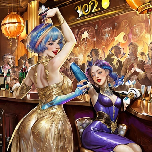 Prompt:  "MAXIMALIST high detail by (Rebecca Guay-painting) and by (JC Leyendecker-painting) realism, BEAUTIFUL happy laughing 1920s jazz dancers IN A BAR, popping champagne bottle, multi colored confetti falling and swirling, NEW YEARS EVE PARTY. 