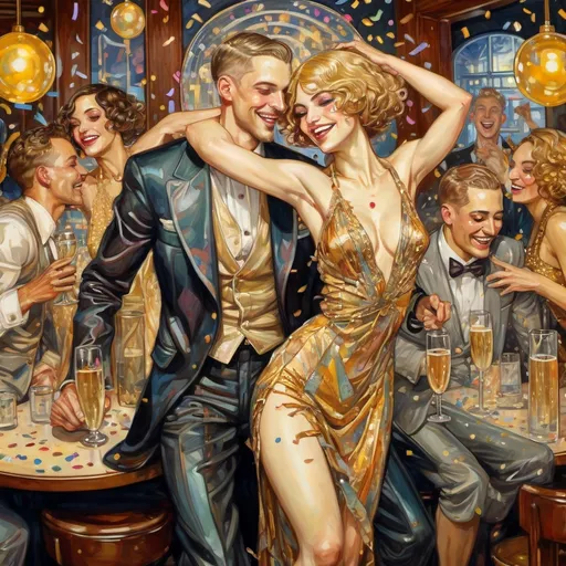 Prompt:  "MAXIMALIST high detail by (Rebecca Guay-painting) and by (JC Leyendecker-painting) realism, BEAUTIFUL happy laughing 1920s jazz dancers IN A BAR, popping champagne bottle, multi colored confetti falling and swirling, NEW YEARS EVE PARTY. 