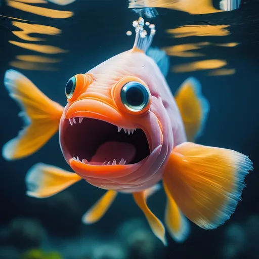 Prompt: A fish that looks like it is smiling. This image would be a fun and unique way to show the expression of fish. It would also be a good way to create a sense of joy and positivity.