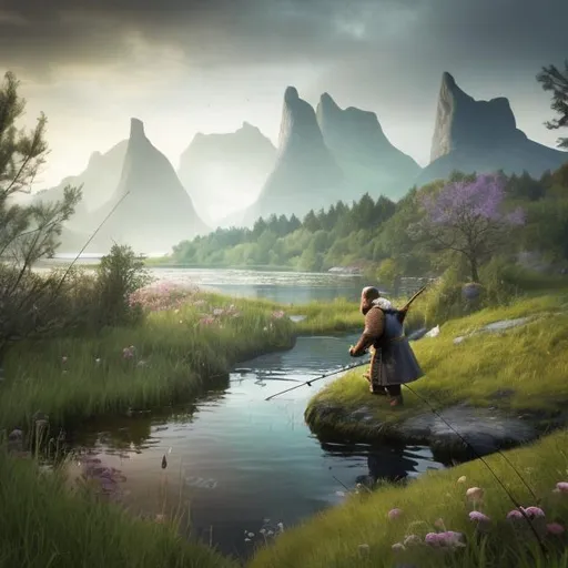 Prompt: A Viking is fishing by a small stream, where there is a tree and some flowers