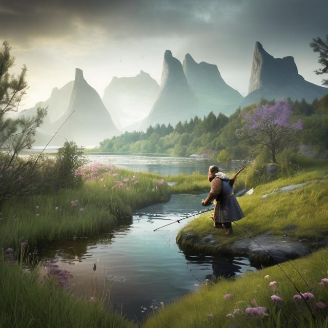 Prompt: A Viking is fishing by a small stream, where there is a tree and some flowers