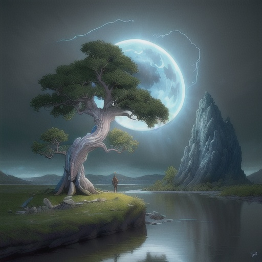 Prompt: Natural portal, Epic cinematic breathtaking intricate insanely detailed painting of dramatic storm clouds, dark night and bright moonlight glow on an aesthetic remarkable old white oak tree, river, winding path, mountains, by tomasz allen kopera, dariusz zawadzki, andreja peklar, ivan shiskin, beautiful, colorful, cosmic, ultra detailed, ultra realistic, a masterpiece, polished, crisp quality - no frame