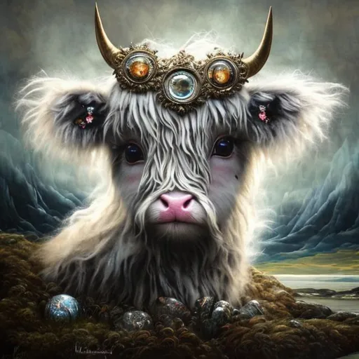 Prompt: Whimsical and adorable fluffy highland calf, Scottish highlands background, Scottish theme, art by James Christensen, prompt by McKay, super cute, soft shaggy fur, collage, mixed media, majestic, ornate, hyper detailed face and eyes, cute reflective eyes, gold leaf, mother of pearl, intricate, 3D, fabulous, fantastical, magical, masterpiece painting, hyper detailed, captivating, enchanting, scattered light, composed using the golden ratio, award winning, perfect composition, ultra hd, highly detailed, lighting by Vladimir Volegov and Steve Hanks