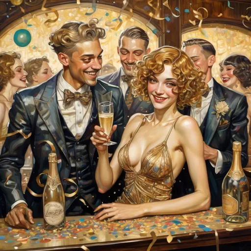 Prompt:  "MAXIMALIST high detail by (Rebecca Guay-painting) and by (JC Leyendecker-painting) realism, BEAUTIFUL happy laughing 1920s jazz dancers IN A BAR, popping champagne bottle, multi colored confetti falling and swirling, NEW YEARS EVE PARTY. 