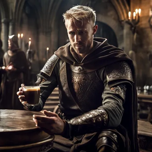 Prompt: King Arthur drinks a coffee latte, ultra hd