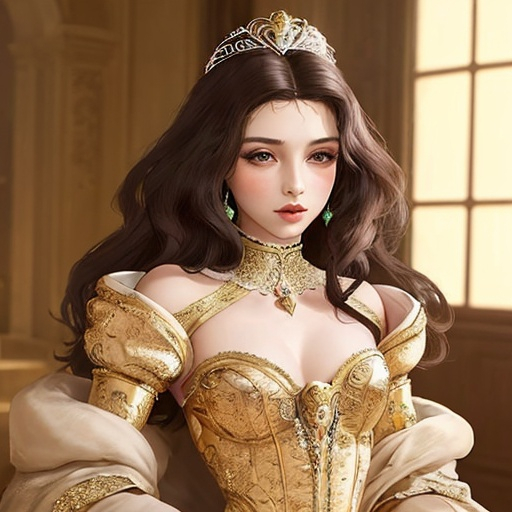 Prompt: portrays beautiful women as historical princesses in sumptuous costumes and settings.