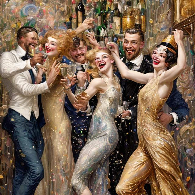 Prompt:  "MAXIMALIST high detail by (Rebecca Guay-painting) and by (JC Leyendecker-painting) realism, BEAUTIFUL happy laughing 1920s jazz dancers IN A BAR, popping champagne bottle, multi colored confetti falling and swirling, NEW YEARS EVE PARTY. 