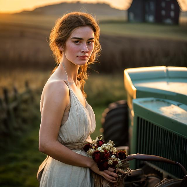 Prompt: In the soft glow of the morning light, a strikingly beautiful woman stands beside a sturdy tractor, a vision of timeless elegance against the backdrop of the rustic farm landscape. Her features are a portrait of natural allure, framed by waves of chestnut hair that catch the sunlight and cascade gracefully over her shoulders.

Her eyes, a reflection of the clear sky above, harbor a depth that hints at both resilience and kindness. Dressed in practical yet tasteful attire, she embodies a perfect fusion of strength and femininity, with every contour of her silhouette harmonizing with the agricultural setting.

The gentle breeze plays with loose strands of hair as she stands confidently, a testament to her connection with the land. The rustic colors of the tractor and the earthy tones of the farm form a complementary palette to her natural beauty. There's a quiet confidence in her posture, a knowing comfort in the surroundings that speaks of familiarity with the rhythm of farm life.

The sunlight accentuates the subtle details of her features—the hint of a smile, the warmth in her eyes, and the dusting of freckles that adds character to her sun-kissed skin. As she stands beside the tractor, she becomes a living ode to the timeless bond between humanity and the land, embodying both grace and the hardworking spirit of the countryside.