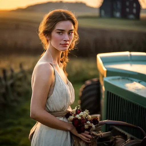 Prompt: In the soft glow of the morning light, a strikingly beautiful woman stands beside a sturdy tractor, a vision of timeless elegance against the backdrop of the rustic farm landscape. Her features are a portrait of natural allure, framed by waves of chestnut hair that catch the sunlight and cascade gracefully over her shoulders.

Her eyes, a reflection of the clear sky above, harbor a depth that hints at both resilience and kindness. Dressed in practical yet tasteful attire, she embodies a perfect fusion of strength and femininity, with every contour of her silhouette harmonizing with the agricultural setting.

The gentle breeze plays with loose strands of hair as she stands confidently, a testament to her connection with the land. The rustic colors of the tractor and the earthy tones of the farm form a complementary palette to her natural beauty. There's a quiet confidence in her posture, a knowing comfort in the surroundings that speaks of familiarity with the rhythm of farm life.

The sunlight accentuates the subtle details of her features—the hint of a smile, the warmth in her eyes, and the dusting of freckles that adds character to her sun-kissed skin. As she stands beside the tractor, she becomes a living ode to the timeless bond between humanity and the land, embodying both grace and the hardworking spirit of the countryside.