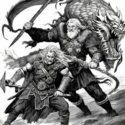 Prompt: Odin fighting a foe, such as a giant or a dragon. This image would be a good way to show Odin's strength and courage.