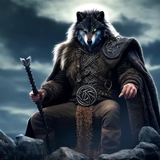 Prompt: The Fenriswolf stands with Odin. ultra hd