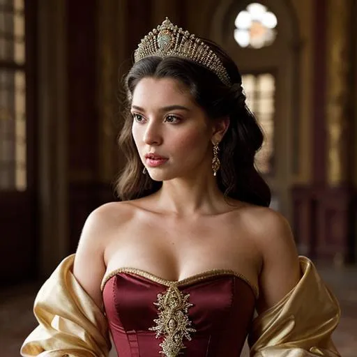 Prompt: portrays beautiful women as historical princesses in sumptuous costumes and settings.