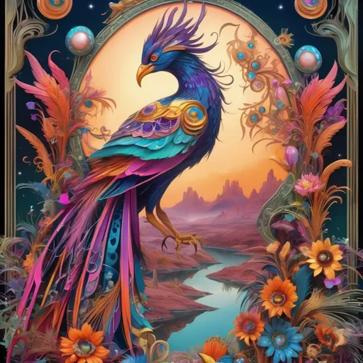Prompt: Step into a colorful world of art deco charm, where colorful Phoenix birds roam freely, large eyes, With intricate art nouveau steampunk details, these fantastical creatures beings are a sight to behold. moon landscape magical flowers, 3D image