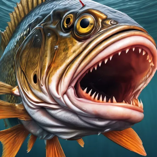 Prompt: "A 3d hdr close up of a fish with its mouth open, a photorealistic painting, by Randy Gallegos, big bass fishing, highly detailed vector art, a beautiful artwork illustration, beautiful wallpaper, chris moore”