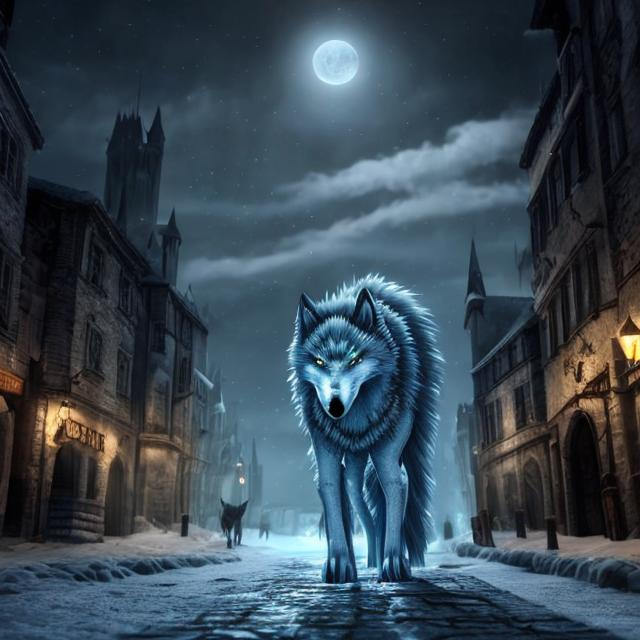 Prompt: Frost wolf lurking in Medieval city street at night and, ominous, fantasy ,hd