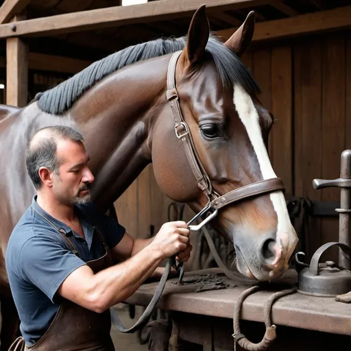 Prompt: A horse being groomed by a blacksmith. This image would be a beautiful and detailed way to showcase the horse's beauty and strength.
