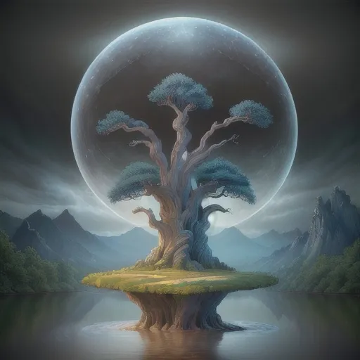 Prompt: Natural portal, Epic cinematic breathtaking intricate insanely detailed painting of dramatic storm clouds, dark night and bright moonlight glow on an aesthetic remarkable old white oak tree, river, winding path, mountains, by tomasz allen kopera, dariusz zawadzki, andreja peklar, ivan shiskin, beautiful, colorful, cosmic, ultra detailed, ultra realistic, a masterpiece, polished, crisp quality - no frame