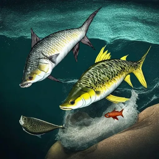 Prompt: A fish hunting a smaller fish. This image would be an exciting and dramatic way to depict the food chain in nature. It would also be a good way to create a sense of suspense and tension.