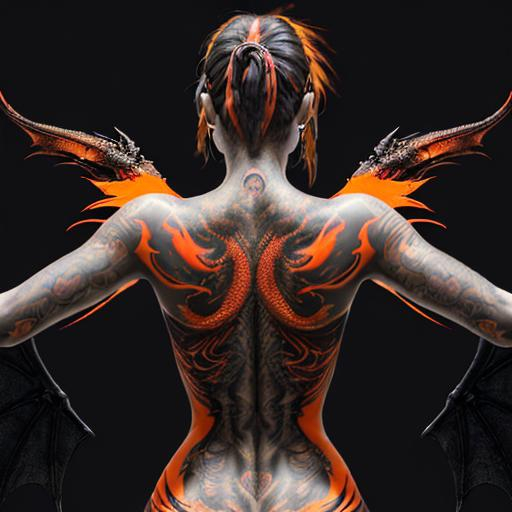 Prompt:  "3D hdr optical illusion image on a woman's back with a hdr red, orange yellow and black coloured dragon tattoo, finely detailed :: sunny high contrast, intricate design, dramatic lighting, beautiful, hyperrealistic, ArtStation :: by Alessio Albi, Agnes Cecile :: hyper detailed intricately detailed Splash art, triadic colors, Unreal Engine 5 volumetric lighting on a black background" 