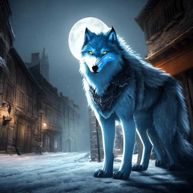 Prompt: Frost wolf lurking in Medieval city street at night and, ominous, fantasy ,hd