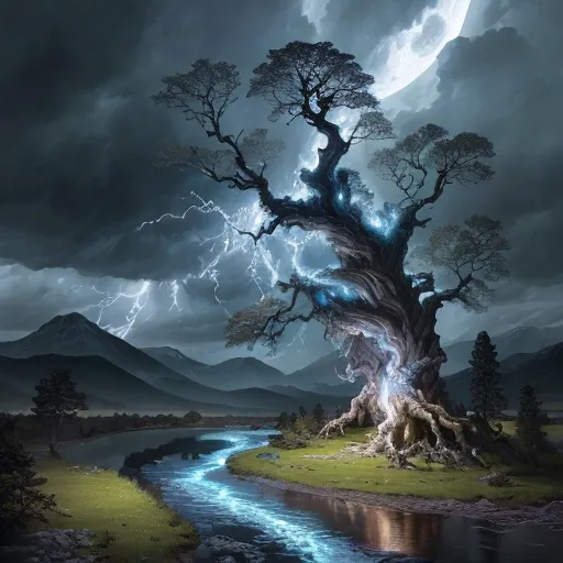 Prompt: Natural portal, Epic cinematic breathtaking intricate insanely detailed painting of dramatic storm clouds, dark night and bright moonlight glow on an aesthetic remarkable old white oak tree, river, winding path, mountains, by tomasz allen kopera, dariusz zawadzki, andreja peklar, ivan shiskin, beautiful, colorful, cosmic, ultra detailed, ultra realistic, a masterpiece, polished, crisp quality - no frame