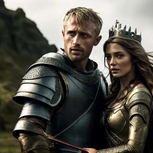 Prompt: King Arthur and a beautiful woman, ultra hd