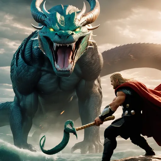 Prompt: Thor fighting the Midgard Serpent, Jormungandr. ultra hd