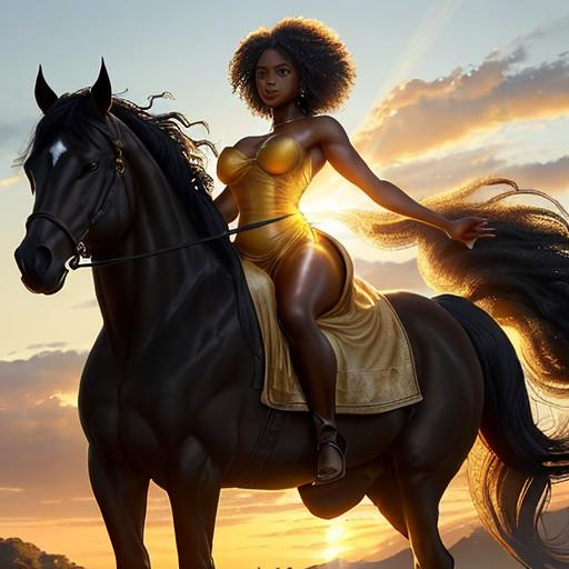 Prompt: 
In the golden glow of the evening sun, a beautiful black woman emerges like a living painting, seated majestically atop a horse. Her skin, resembling glowing amber, reflects the warm light and radiates a natural beauty as timeless as the horizon she breaks through.

Her hair, a cascade of black curls, moves gently with the wind, forming a harmonious contrast to the golden aura around her. Her eyes, deep and intense like the midnight sky, mirror both strength and an unspoken wisdom.

Adorned in colors blending with nature's palette, her attire appears as an extension of the surrounding landscape. Every fabric and pattern weaves together in a symphony of culture and elegance, showcasing that her clothing is not just a statement of style but also a tribute to heritage and history.

Her posture on the horseback is a fusion of strength and grace. She handles the horse with a natural authority, and together, they exude a harmony that unites human and animal in a majestic moment. Surrounded by an open landscape stretching as far as the eye can see, this scene is not just a snapshot; it's a narrative of freedom, pride, and beauty.