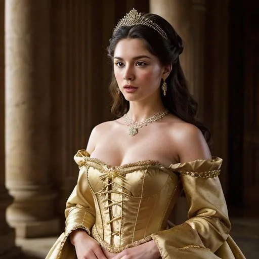Prompt: portrays beautiful women as historical princesses in sumptuous costumes and settings.