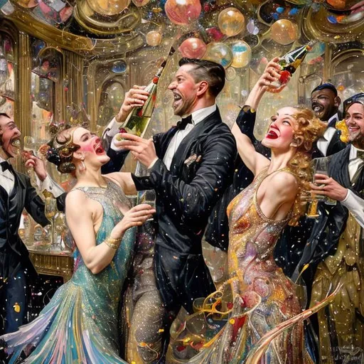 Prompt:  "MAXIMALIST high detail by (Rebecca Guay-painting) and by (JC Leyendecker-painting) realism, BEAUTIFUL happy laughing 1920s jazz dancers IN A BAR, popping champagne bottle, multi colored confetti falling and swirling, NEW YEARS EVE PARTY. 