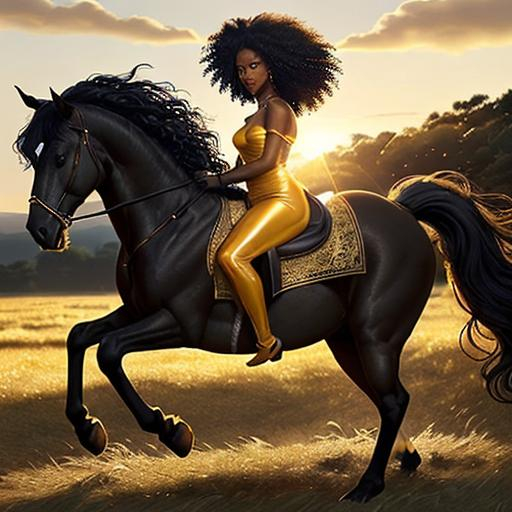 Prompt: 
In the golden glow of the evening sun, a beautiful black woman emerges like a living painting, seated majestically atop a horse. Her skin, resembling glowing amber, reflects the warm light and radiates a natural beauty as timeless as the horizon she breaks through.

Her hair, a cascade of black curls, moves gently with the wind, forming a harmonious contrast to the golden aura around her. Her eyes, deep and intense like the midnight sky, mirror both strength and an unspoken wisdom.

Adorned in colors blending with nature's palette, her attire appears as an extension of the surrounding landscape. Every fabric and pattern weaves together in a symphony of culture and elegance, showcasing that her clothing is not just a statement of style but also a tribute to heritage and history.

Her posture on the horseback is a fusion of strength and grace. She handles the horse with a natural authority, and together, they exude a harmony that unites human and animal in a majestic moment. Surrounded by an open landscape stretching as far as the eye can see, this scene is not just a snapshot; it's a narrative of freedom, pride, and beauty.