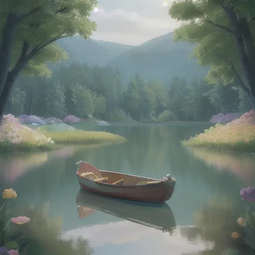 Prompt: a small boat lies on a beautiful lake surrounded by forest and flower meadows
