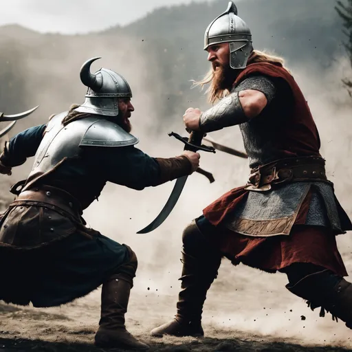 Prompt: A Viking warrior fighting an enemy in battle, ultra hd