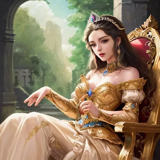 Prompt: portrays beautiful women as historical princesses in sumptuous costumes and settings.